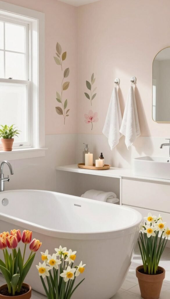 A beautifully decorated bathroom featuring a renter-friendly spring theme, designed to enhance the space without damaging the walls. In the foreground, include a stylish, freestanding white bathtub surrounded by potted spring flowers like tulips and daffodils, adding vibrant color. The middle ground showcases a chic, minimalist vanity adorned with decorative trays and candles, utilizing removable adhesive hooks to hang fresh towels nearby. The background is a soft, pastel-hued wall with removable decals of leaves and blossoms, creating an inviting atmosphere. Natural light floods the room through a frosted window, casting gentle shadows and highlighting the decor. Capture this scene in a cozy, warm style that reflects &ldquo;CozyTrendHub&rdquo; aesthetic appeal, ensuring a tranquil and refreshing mood.