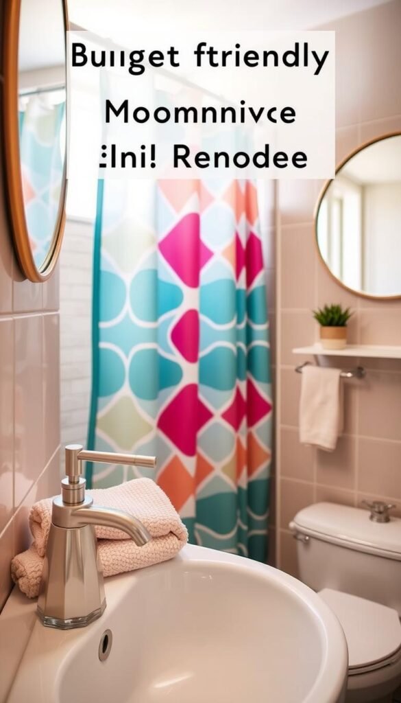 A beautifully decorated bathroom that showcases budget-friendly decor fixes, aligning with the theme of a mini remodel. In the foreground, a stylish sink with a ceramic soap dispenser and plush hand towels in pastel colors. The middle features a vibrant shower curtain with a contemporary geometric pattern, complemented by a small potted plant on the shelf nearby. The background includes neutral-colored wall tiles and a round mirror reflecting soft, natural light from a window. The scene conveys a warm, inviting atmosphere, perfect for renters seeking inspiration. Capture this intimate setting with a soft focus, using a warm tone to enhance the cozy feel. This image represents "CozyTrendHub" as a source of stylish, affordable home decor ideas. A beautifully decorated bathroom that showcases budget-friendly decor fixes, aligning with the theme of a mini remodel. In the foreground, a stylish sink with a ceramic soap dispenser and plush hand towels in pastel colors. The middle features a vibrant shower curtain with a contemporary geometric pattern, complemented by a small potted plant on the shelf nearby. The background includes neutral-colored wall tiles and a round mirror reflecting soft, natural light from a window. The scene conveys a warm, inviting atmosphere, perfect for renters seeking inspiration. Capture this intimate setting with a soft focus, using a warm tone to enhance the cozy feel. This image represents "CozyTrendHub" as a source of stylish, affordable home decor ideas.