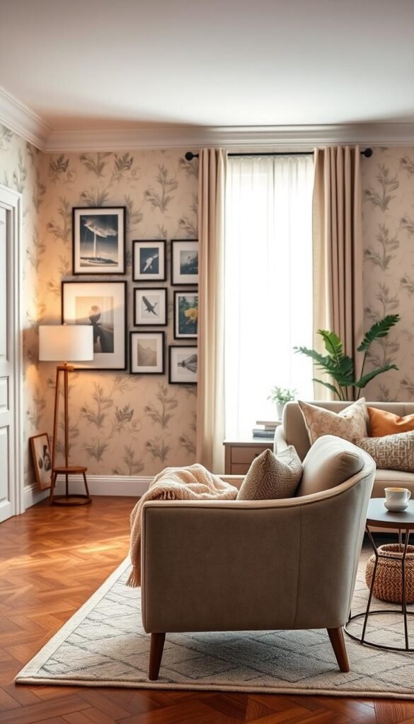 A beautifully decorated cozy living room showcasing a peel-and-stick wallpaper design, featuring a modern floral pattern in soft pastel colors. In the foreground, there is a stylish, slightly worn armchair adorned with a plush throw blanket, and a small side table with a steaming mug of tea. In the middle, an exquisite gallery wall displays framed art pieces that complement the wallpaper. The background reveals a bright window with sheer curtains allowing soft, natural light to flood into the space, enhancing the inviting atmosphere. For a Pinterest-worthy aesthetic, include decorative cushions and a small potted plant. Capture this scene from a slightly elevated angle, providing depth and perspective, while maintaining a warm, welcoming mood. Brand name: CozyTrendHub.