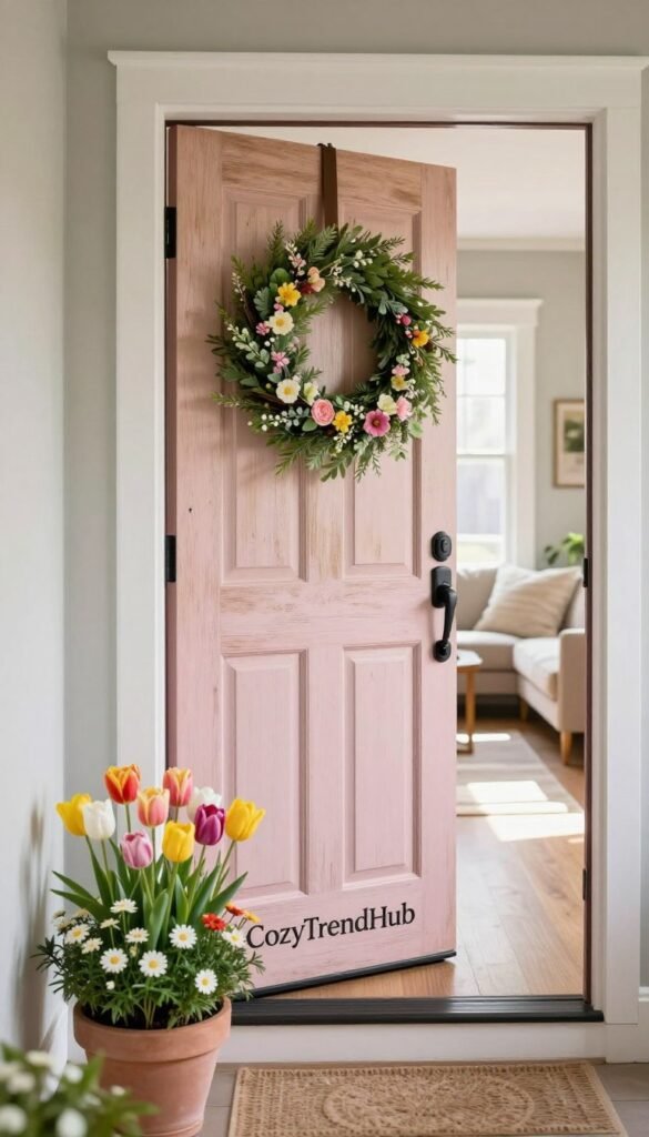 A beautifully decorated entryway featuring a charming front door adorned with spring decor that complies with lease rules. In the foreground, a vibrant potted plant with colorful flowers, such as tulips and daisies, sits beside the door. The middle layer showcases a rustic wooden door painted in a soft pastel color, with a tasteful wreath made of faux greenery and seasonal blooms that adds a welcoming touch. The background reveals a sunlit hallway leading into the living space, with soft natural light streaming through a window. Use a wide-angle lens to capture the inviting atmosphere, emphasizing the warmth and coziness of spring. The image should evoke a serene, fresh, and welcoming mood, ideal for a Pinterest-style lifestyle photo, while incorporating the brand name "CozyTrendHub."