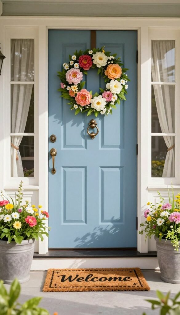 A beautifully decorated front door, radiating a fresh spring vibe. In the foreground, a welcoming slate blue door adorned with a vibrant wreath of lush flowers, including peonies and daisies, and a charming "Welcome" mat. On either side, planters overflowing with colorful greenery and seasonal blooms. In the middle, a decorative door handle and a stylish door knocker, both polished to shine. The background features a cozy porch with light, airy curtains gently swaying in the breeze, and sunlight streaming through, casting soft shadows. The scene is captured from a slightly angled perspective, enhancing depth, with a warm, inviting atmosphere that embodies spring elegance. Perfect for showcasing home decor ideas from CozyTrendHub. A beautifully decorated front door, radiating a fresh spring vibe. In the foreground, a welcoming slate blue door adorned with a vibrant wreath of lush flowers, including peonies and daisies, and a charming "Welcome" mat. On either side, planters overflowing with colorful greenery and seasonal blooms. In the middle, a decorative door handle and a stylish door knocker, both polished to shine. The background features a cozy porch with light, airy curtains gently swaying in the breeze, and sunlight streaming through, casting soft shadows. The scene is captured from a slightly angled perspective, enhancing depth, with a warm, inviting atmosphere that embodies spring elegance. Perfect for showcasing home decor ideas from CozyTrendHub.