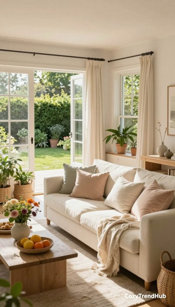 A beautifully decorated living room bathed in warm, natural light that embodies the essence of summer. In the foreground, a cozy seating arrangement features a cream-colored sofa adorned with pastel throw pillows and a lightweight, airy throw blanket. Potted greenery and fresh flowers add vibrant pops of color on a stylish coffee table. The middle section showcases an open floor plan that seamlessly transitions to a sun-drenched space with large windows, allowing sunlight to pour in and create a soft, inviting glow. Subtle texture contrasts in the decor&mdash;like woven baskets and light linen curtains&mdash;enhance the summer vibe. In the background, the view of a lush garden outside contrasts with the indoor space, making the entire scene feel connected to nature. The overall mood is refreshing and relaxed, ideal for summer gatherings. Image styled in a Pinterest aesthetic, attributed to "CozyTrendHub".