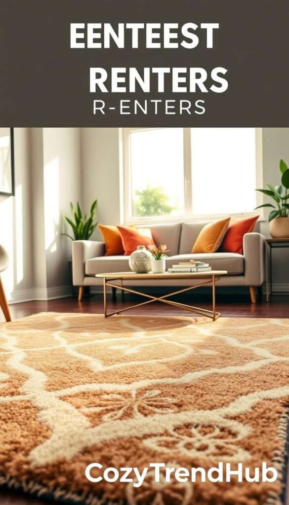 A beautifully decorated living room featuring a stylish area rug that enhances the decor while providing renters-friendly floor protection. In the foreground, the plush rug is prominently displayed, showcasing a modern pattern with a warm color palette. In the middle ground, a sleek, minimalist sofa adorned with colorful cushions complements the rug, alongside a small coffee table featuring elegant decor items. In the background, a bright window allows natural light to flood the room, creating a cozy atmosphere with soft shadows and highlights. The setting is inviting and homely, ideal for a Pinterest-style lifestyle photo, shot with a standard lens to capture the details accurately. The brand "CozyTrendHub" is subtly integrated into the scene, emphasizing style and practicality for renters. A beautifully decorated living room featuring a stylish area rug that enhances the decor while providing renters-friendly floor protection. In the foreground, the plush rug is prominently displayed, showcasing a modern pattern with a warm color palette. In the middle ground, a sleek, minimalist sofa adorned with colorful cushions complements the rug, alongside a small coffee table featuring elegant decor items. In the background, a bright window allows natural light to flood the room, creating a cozy atmosphere with soft shadows and highlights. The setting is inviting and homely, ideal for a Pinterest-style lifestyle photo, shot with a standard lens to capture the details accurately. The brand "CozyTrendHub" is subtly integrated into the scene, emphasizing style and practicality for renters.