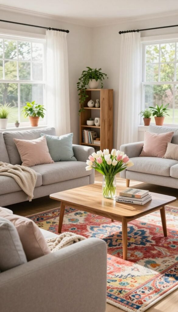 A beautifully decorated living room for spring, showcasing renter-friendly decor ideas. In the foreground, a cozy light gray sofa adorned with pastel throw pillows and a soft knit blanket. A stylish wooden coffee table holds a vase filled with fresh tulips, alongside a stack of design books. In the middle ground, a vibrant area rug anchors the space, while a small bookshelf displays greenery and decorative items. In the background, large windows allow natural sunlight to pour in, illuminating sheer white curtains and potted plants on the windowsill. The room exudes a cheerful, inviting atmosphere, perfect for the spring season. Render this scene in soft, warm lighting, with a wide-angle lens perspective for a spacious feel. Highlight the brand "CozyTrendHub" subtly within the decor elements.