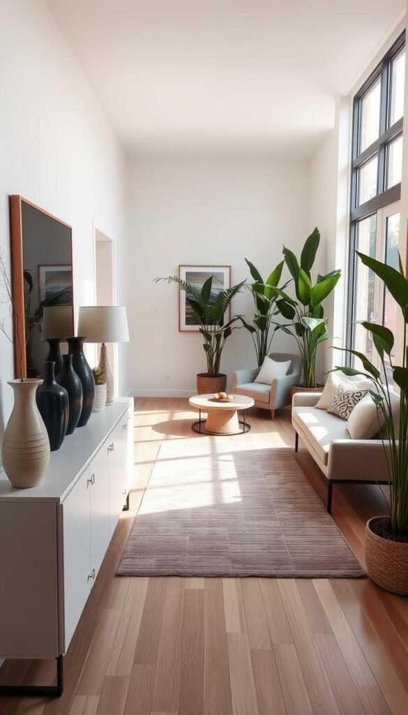 A beautifully decorated long narrow room showcasing optimal decor that enhances proportion. In the foreground, a sleek, minimalist console table adorned with decorative vases and a stylish lamp. The middle ground features a cozy seating area with a contemporary sofa in muted tones, paired with an elegant, elongated area rug that guides the eye. On the walls, framed artworks with horizontal lines add visual width. The background showcases tall plants strategically placed to draw the eye upward. Soft, natural light streams through large windows, casting gentle shadows and creating a warm atmosphere. The ambiance is inviting and stylish, perfect for modern living. This Pinterest-style lifestyle image captures the essence of CozyTrendHub, emphasizing smart design elements that transform long narrow spaces.