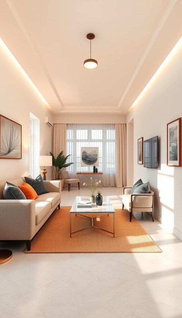 A beautifully decorated narrow living room showcasing expert lighting design. In the foreground, a stylish sofa with neutral tones, adorned with colorful cushions, invites comfort. The middle ground features an elegant coffee table, placed centrally to balance the space, under soft, warm light from a modern floor lamp. A sleek ceiling fixture casts a gentle glow across the room. The background comprises light-colored walls adorned with minimalistic art, enhancing the sense of spaciousness. Large windows allow natural light to flood in, highlighting the room's cozy atmosphere while sheer curtains add a touch of softness. The overall mood is inviting and bright, perfect for relaxation and social gatherings. Captured with a wide-angle lens to emphasize the room's length, creating a Pinterest-style aesthetic for CozyTrendHub. A beautifully decorated narrow living room showcasing expert lighting design. In the foreground, a stylish sofa with neutral tones, adorned with colorful cushions, invites comfort. The middle ground features an elegant coffee table, placed centrally to balance the space, under soft, warm light from a modern floor lamp. A sleek ceiling fixture casts a gentle glow across the room. The background comprises light-colored walls adorned with minimalistic art, enhancing the sense of spaciousness. Large windows allow natural light to flood in, highlighting the room's cozy atmosphere while sheer curtains add a touch of softness. The overall mood is inviting and bright, perfect for relaxation and social gatherings. Captured with a wide-angle lens to emphasize the room's length, creating a Pinterest-style aesthetic for CozyTrendHub.