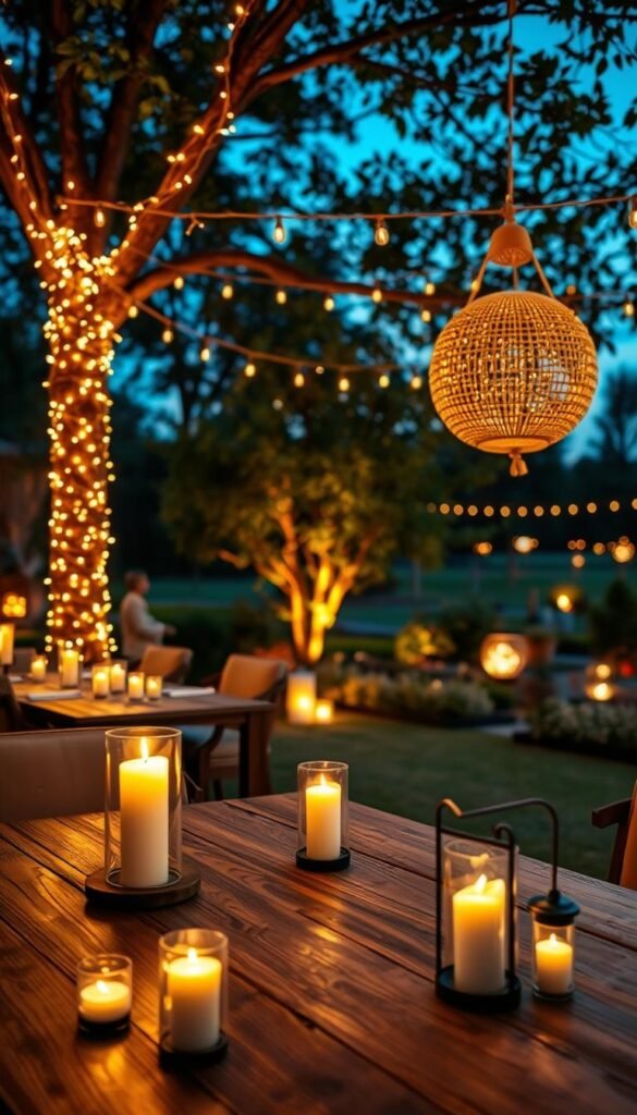 A beautifully decorated outdoor evening scene featuring layered lighting that creates a warm and inviting atmosphere. In the foreground, a rustic wooden dining table adorned with soft, flickering candlelight, surrounded by elegant, comfortable chairs. The middle ground showcases a string of warm fairy lights delicately hanging from tree branches, casting a gentle glow. Lanterns placed strategically on the ground emit a soft, ambient light, enhancing the cozy feel. In the background, lush greenery and distant silhouettes of trees are softly lit by glowing orbs and subtle garden lights. The scene captures a tranquil moment, suggesting a peaceful evening gathering with friends or family. The overall mood is serene and inviting, reflecting the essence of outdoor d&eacute;cor. Inspired by the brand "CozyTrendHub", emphasizing the idea of comfort and warmth in evening settings.