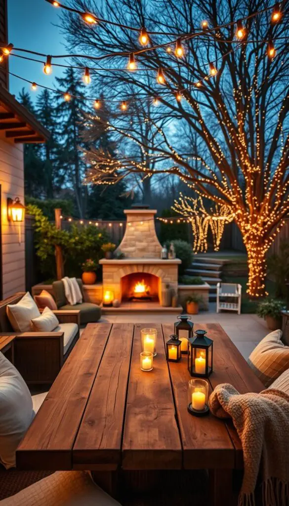 A beautifully decorated outdoor patio at dusk, glowing with seasonal lights. In the foreground, a rustic wooden table is set for a cozy gathering with twinkling string lights overhead, casting a warm golden hue. Soft cushions and warm blankets are arranged invitingly on a nearby bench. In the middle ground, a charming stone fireplace crackles softly, surrounded by flickering lanterns and potted plants. The background presents a serene garden scene, with trees draped in delicate fairy lights, adding to the enchanting atmosphere. The overall mood is warm and inviting, evoking feelings of comfort and relaxation. Shot with a wide-angle lens to capture the ambiance, focusing on the enchanting glow of the lights. This image reflects the essence of seasonal cozy lighting, ideal for creating inviting moments. CozyTrendHub.
