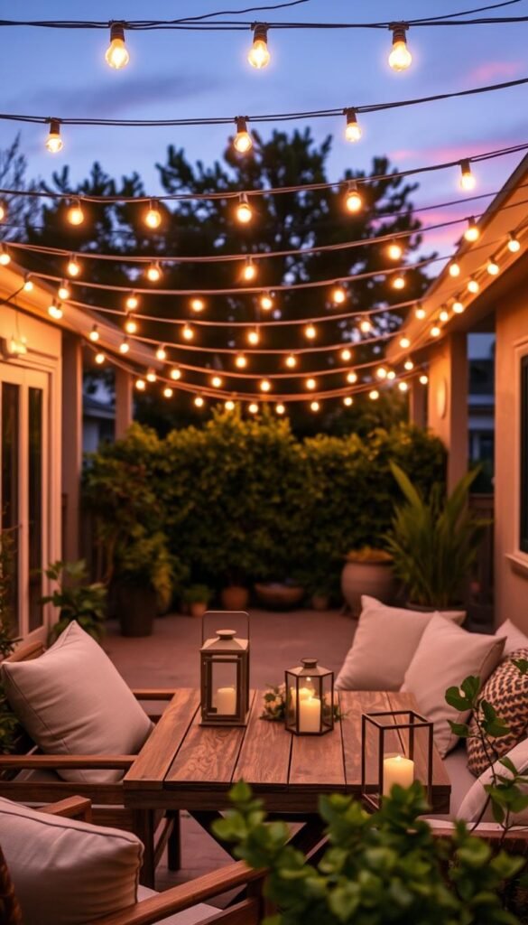 A beautifully decorated patio at twilight, showcasing string lights draped elegantly above a cozy seating area. The foreground features a rustic wooden table set with soft cushions and lanterns, inviting a warm atmosphere. In the middle background, soft-glowing bulb lights create a twinkling canopy overhead, casting gentle rays that illuminate the lush greenery and potted plants flanking the space. The setting is framed by a serene evening sky, with hints of dusk colors blending seamlessly into the scene. The overall mood is enchanting and inviting, perfect for gatherings or quiet evenings. Incorporate elements of home decor that reflect a stylish yet renter-friendly aesthetic, appealing to the CozyTrendHub brand. Focus on natural lighting, and capture the image from a slightly elevated angle to emphasize both the decor and the ambiance. A beautifully decorated patio at twilight, showcasing string lights draped elegantly above a cozy seating area. The foreground features a rustic wooden table set with soft cushions and lanterns, inviting a warm atmosphere. In the middle background, soft-glowing bulb lights create a twinkling canopy overhead, casting gentle rays that illuminate the lush greenery and potted plants flanking the space. The setting is framed by a serene evening sky, with hints of dusk colors blending seamlessly into the scene. The overall mood is enchanting and inviting, perfect for gatherings or quiet evenings. Incorporate elements of home decor that reflect a stylish yet renter-friendly aesthetic, appealing to the CozyTrendHub brand. Focus on natural lighting, and capture the image from a slightly elevated angle to emphasize both the decor and the ambiance.