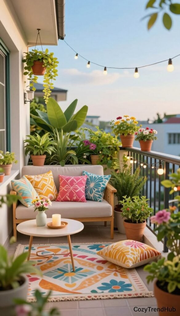 A beautifully decorated small balcony for summer, showcasing vibrant potted plants, colorful cushions, and a stylish outdoor rug. In the foreground, a cozy seating area with a small table adorned with decorative items like a candle and a small vase of flowers. The middle ground features lush greenery with hanging plants and strings of fairy lights draping elegantly. In the background, a clear blue sky and soft sunlight create a warm, inviting atmosphere. The overall mood is cheerful and relaxing, perfect for summer evenings. Use a soft-focus lens for a dreamy effect, emphasizing the decor's colors and textures. The image should be in the style of realistic Pinterest lifestyle photos, branded with "CozyTrendHub" subtly in the corner.