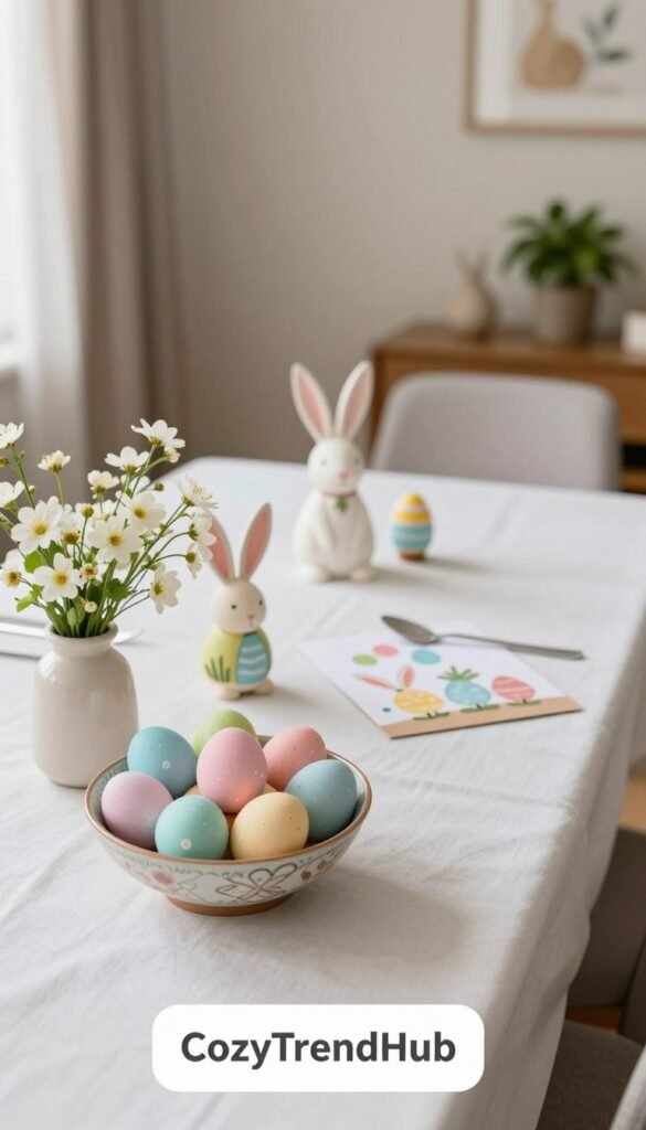 A beautifully decorated small dining table in an apartment, styled for Easter. In the foreground, vibrant pastel-colored Easter eggs artfully arranged in a decorative bowl, accompanied by fresh spring flowers in a short vase. The middle of the scene features a simple yet elegant white tablecloth, setting a serene backdrop for a delightful array of Easter-themed decorations, including a charming bunny figure and a few handmade crafts. The background shows a softly lit room with cozy, warm lighting that creates a welcoming atmosphere. The dining space includes a hint of greenery from a nearby plant, enhancing the seasonal vibe. Capture this in a Pinterest-inspired lifestyle image, reflecting the brand "CozyTrendHub." A beautifully decorated small dining table in an apartment, styled for Easter. In the foreground, vibrant pastel-colored Easter eggs artfully arranged in a decorative bowl, accompanied by fresh spring flowers in a short vase. The middle of the scene features a simple yet elegant white tablecloth, setting a serene backdrop for a delightful array of Easter-themed decorations, including a charming bunny figure and a few handmade crafts. The background shows a softly lit room with cozy, warm lighting that creates a welcoming atmosphere. The dining space includes a hint of greenery from a nearby plant, enhancing the seasonal vibe. Capture this in a Pinterest-inspired lifestyle image, reflecting the brand "CozyTrendHub."