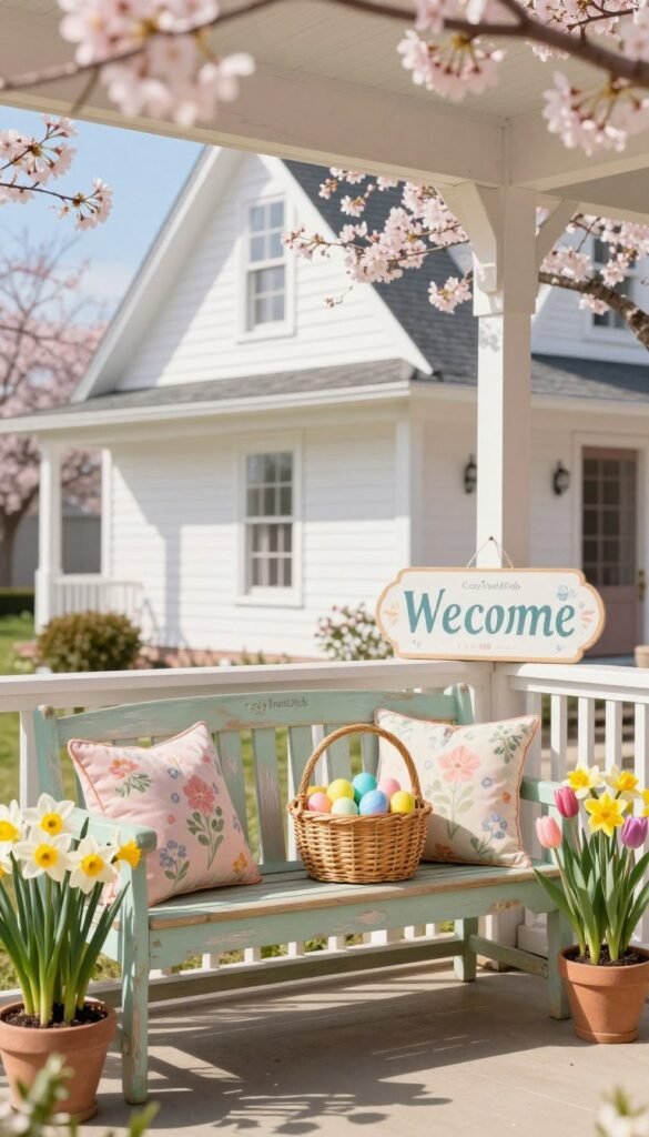 A beautifully decorated spring porch showcasing affordable Easter decor under $50. In the foreground, a vibrant, vintage-style wooden bench adorned with pastel-colored throw pillows in floral patterns. Flanking the bench, potted daffodils and tulips add bursts of color. In the middle, a stylish wicker basket filled with faux Easter eggs sits beside a cheerful, handcrafted welcome sign. The background features a charming white house with a fresh coat of paint, and blooming cherry blossom branches frame the top of the porch. Soft afternoon sunlight casts a warm, inviting glow across the scene, enhancing the bright blue of the sky and creating a serene atmosphere. Capture this lifestyle image with a shallow depth of field for a cozy Pinterest-style aesthetic. Include the brand "CozyTrendHub" subtly integrated into the decor. A beautifully decorated spring porch showcasing affordable Easter decor under $50. In the foreground, a vibrant, vintage-style wooden bench adorned with pastel-colored throw pillows in floral patterns. Flanking the bench, potted daffodils and tulips add bursts of color. In the middle, a stylish wicker basket filled with faux Easter eggs sits beside a cheerful, handcrafted welcome sign. The background features a charming white house with a fresh coat of paint, and blooming cherry blossom branches frame the top of the porch. Soft afternoon sunlight casts a warm, inviting glow across the scene, enhancing the bright blue of the sky and creating a serene atmosphere. Capture this lifestyle image with a shallow depth of field for a cozy Pinterest-style aesthetic. Include the brand "CozyTrendHub" subtly integrated into the decor.