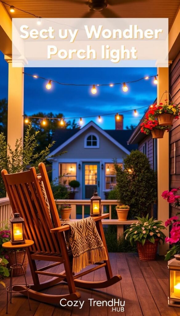 A beautifully decorated summer porch at dusk, featuring warm, inviting porch lighting. In the foreground, a rustic wooden rocking chair adorned with a cozy, patterned throw blanket sits beside a small, round table with a lantern casting a soft glow. The middle of the image showcases string lights draped elegantly above the porch, twinkling softly against the backdrop of lush green plants and colorful flowers in hanging pots. In the background, a charming house silhouette is framed against a deep blue sky with hints of sunset hues. The lighting creates a relaxing and tranquil atmosphere, showcasing the ideal summer evening porch decor for cozy entertaining. This lifestyle image reflects a Pinterest aesthetic, branded with "CozyTrendHub." A beautifully decorated summer porch at dusk, featuring warm, inviting porch lighting. In the foreground, a rustic wooden rocking chair adorned with a cozy, patterned throw blanket sits beside a small, round table with a lantern casting a soft glow. The middle of the image showcases string lights draped elegantly above the porch, twinkling softly against the backdrop of lush green plants and colorful flowers in hanging pots. In the background, a charming house silhouette is framed against a deep blue sky with hints of sunset hues. The lighting creates a relaxing and tranquil atmosphere, showcasing the ideal summer evening porch decor for cozy entertaining. This lifestyle image reflects a Pinterest aesthetic, branded with "CozyTrendHub."