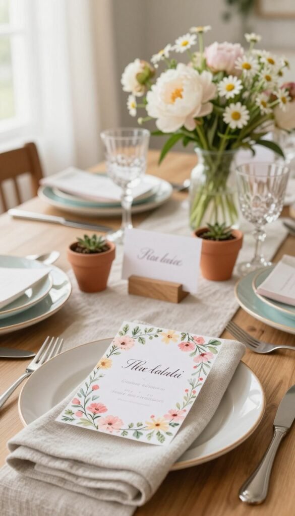A beautifully decorated table set for a spring gathering, showcasing elegant place cards and unique place card holders. The foreground features intricately designed place cards with floral motifs, bearing names in stylish calligraphy, resting on delicate, textured linen napkins. In the middle, a variety of inventive place card holders like small terracotta pots and wooden stands display the cards, surrounded by pastel-colored dishes and sparkling glassware. The background features soft, natural lighting filtering through sheer curtains, casting a warm glow on a subtle floral centerpiece of peonies and daisies. The overall atmosphere is inviting, cheerful, and fresh, capturing the essence of springtime hospitality. Perfect for showcasing home decor, this image is styled in a Pinterest-inspired aesthetic by CozyTrendHub.