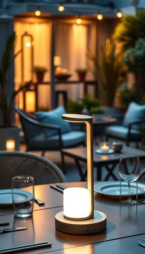A beautifully designed CozyTrendHub rechargeable table lamp, featuring a sleek, modern aesthetic with a warm, inviting glow. The lamp is gracefully placed on a stylish outdoor dining table adorned with elegant tableware and a small succulent arrangement. In the foreground, the lamp's soft light casts a gentle illumination, enhancing the atmospheric setting for an intimate dinner. In the middle ground, a backdrop of a cozy balcony or patio featuring lush greenery and tastefully arranged furniture creates a tranquil environment. The scene is captured during the golden hour, with soft, diffused lighting that enriches the warm tones of the lamp and surrounding decor. The overall mood is relaxed and inviting, perfect for gatherings or quiet reading moments outdoors. A beautifully designed CozyTrendHub rechargeable table lamp, featuring a sleek, modern aesthetic with a warm, inviting glow. The lamp is gracefully placed on a stylish outdoor dining table adorned with elegant tableware and a small succulent arrangement. In the foreground, the lamp's soft light casts a gentle illumination, enhancing the atmospheric setting for an intimate dinner. In the middle ground, a backdrop of a cozy balcony or patio featuring lush greenery and tastefully arranged furniture creates a tranquil environment. The scene is captured during the golden hour, with soft, diffused lighting that enriches the warm tones of the lamp and surrounding decor. The overall mood is relaxed and inviting, perfect for gatherings or quiet reading moments outdoors.