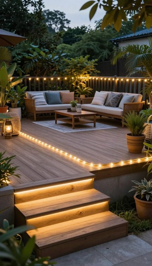 A beautifully designed backyard featuring a wooden deck illuminated with warm, inviting rope lights that outline the edges, enhancing safety and ambiance. In the foreground, soft step lights strategically placed along the stairs provide gentle illumination. The middle ground showcases a cozy seating area adorned with tasteful outdoor decor, surrounded by lush greenery. The background is filled with softly glowing rail lights running along a modern railing, casting a warm glow. The scene is captured at twilight, ensuring a soft, atmospheric lighting that emphasizes the tranquil summer evening. The angle should be slightly elevated, showcasing the entire setup as a vibrant gathering space. This image embodies the essence of outdoor living, perfect for CozyTrendHub's seasonal themes. A beautifully designed backyard featuring a wooden deck illuminated with warm, inviting rope lights that outline the edges, enhancing safety and ambiance. In the foreground, soft step lights strategically placed along the stairs provide gentle illumination. The middle ground showcases a cozy seating area adorned with tasteful outdoor decor, surrounded by lush greenery. The background is filled with softly glowing rail lights running along a modern railing, casting a warm glow. The scene is captured at twilight, ensuring a soft, atmospheric lighting that emphasizes the tranquil summer evening. The angle should be slightly elevated, showcasing the entire setup as a vibrant gathering space. This image embodies the essence of outdoor living, perfect for CozyTrendHub's seasonal themes.