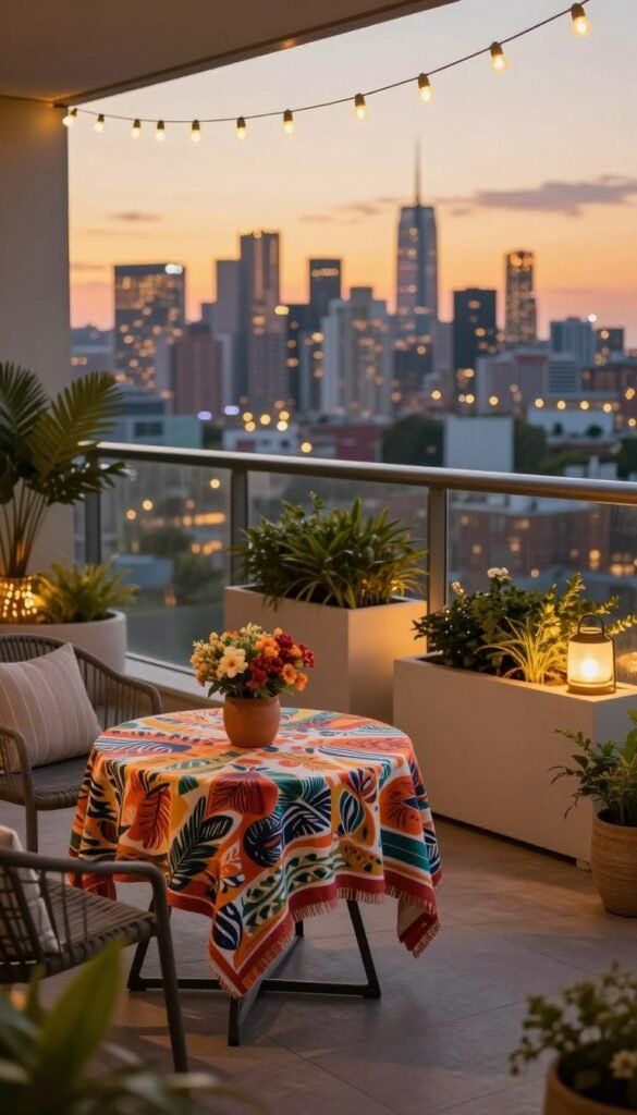 A beautifully designed balcony featuring a captivating view of a vibrant city skyline at sunset, with warm, golden hues lighting up the scene. In the foreground, stylish, small-space furniture includes a compact table adorned with potted seasonal flowers and a vibrant tablecloth, designed for comfort and aesthetic appeal. The middle ground showcases sophisticated planters with lush greenery and soft, ambient lights creating a cozy atmosphere. The background captures the expansive city view, emphasizing open sightlines that invite the outside in. The scene is framed with delicate string lights overhead, adding a touch of magic, evoking a relaxed summer evening vibe. This Pinterest-worthy image embodies the essence of modern balcony decor, presented by CozyTrendHub.
