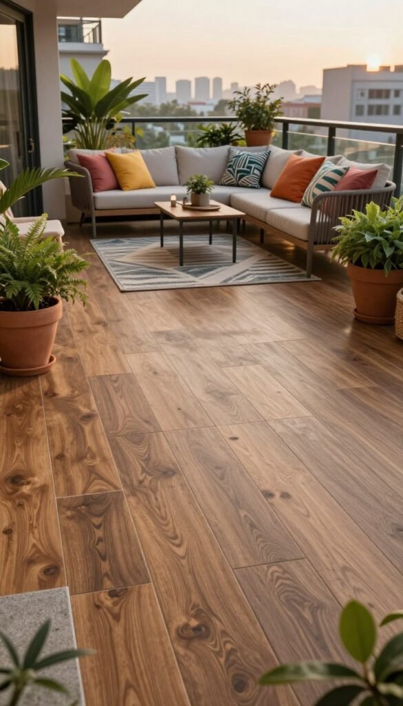 A beautifully designed balcony floor featuring elegant outdoor tiles that cover an unsightly concrete slab, showcasing a transformation into a cozy outdoor retreat. Foreground highlights rich, textured wood-look tiles interspersed with lush green potted plants and a stylish outdoor rug. In the middle ground, stylish bistro furniture with comfortable cushions invites relaxation, while vibrant, colorful throw pillows add a pop of personality. The background captures a serene urban setting with a hint of city skyline under soft, warm evening light, creating a calming atmosphere. The image should have a slightly elevated angle to showcase the flooring's pattern and texture, focusing on the inviting ambiance. The scene reflects a modern, Pinterest-worthy lifestyle, branded "CozyTrendHub".