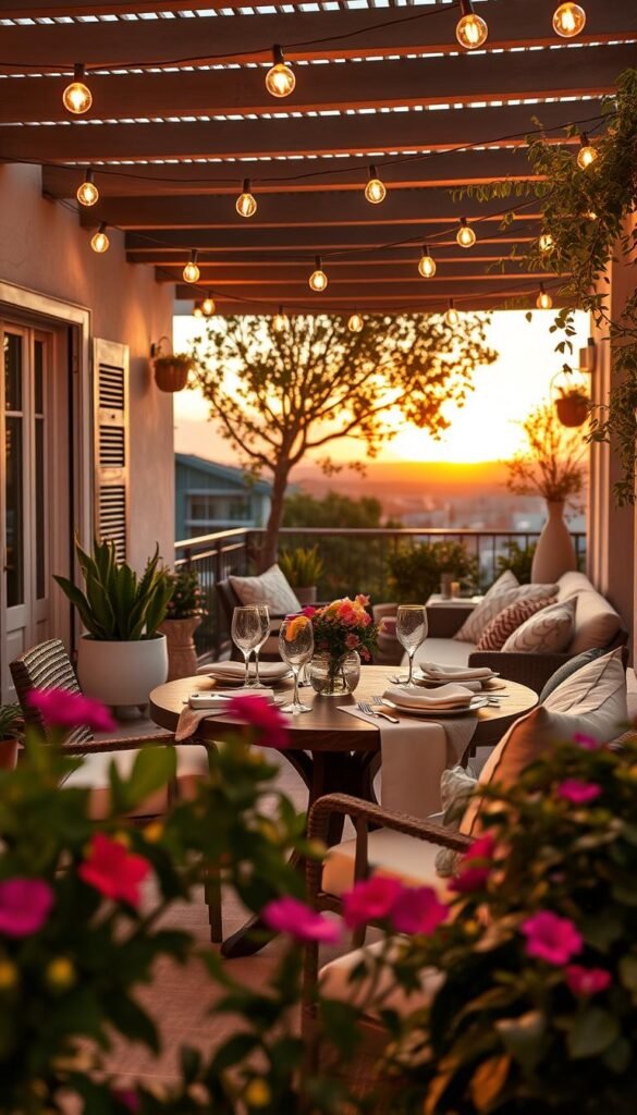 A beautifully designed balcony ideal for summer entertaining, showcasing an inviting table set for four with elegant dinnerware and soft linen napkins. In the foreground, lush potted plants and colorful flowers add vibrancy, while string lights twinkle overhead, creating a warm, cozy atmosphere. The middle ground features comfortable outdoor seating, adorned with plush cushions and a stylish throw blanket, inviting relaxation. In the background, a stunning sunset casts a golden hue, enhancing the dreamy ambiance. Use natural, soft lighting to emphasize the textures and colors, captured from a slightly elevated angle to encompass the entire scene. This image should evoke feelings of joy and togetherness, ideal for a summer evening gathering, inspired by CozyTrendHub's decor philosophy. A beautifully designed balcony ideal for summer entertaining, showcasing an inviting table set for four with elegant dinnerware and soft linen napkins. In the foreground, lush potted plants and colorful flowers add vibrancy, while string lights twinkle overhead, creating a warm, cozy atmosphere. The middle ground features comfortable outdoor seating, adorned with plush cushions and a stylish throw blanket, inviting relaxation. In the background, a stunning sunset casts a golden hue, enhancing the dreamy ambiance. Use natural, soft lighting to emphasize the textures and colors, captured from a slightly elevated angle to encompass the entire scene. This image should evoke feelings of joy and togetherness, ideal for a summer evening gathering, inspired by CozyTrendHub's decor philosophy.
