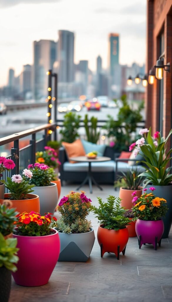 A beautifully designed balcony layout featuring various stylish planters, showcasing a range of colorful flowers and greenery. In the foreground, a set of vibrant, modern planters in different heights filled with lush plants. In the middle, a cozy seating area with chic cushions and a small bistro table, surrounded by decorative lighting, creating an inviting atmosphere. The background includes a soft focus of a city skyline, bathed in warm evening light, enhancing the calming mood. The image is captured at a slight angle to emphasize depth, using a shallow depth of field to create a dreamy effect. Perfect for a Pinterest-style lifestyle photo, branded with "CozyTrendHub".