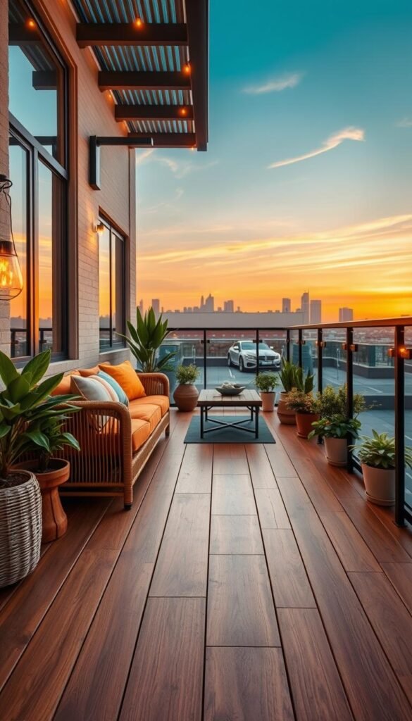 A beautifully designed balcony showcasing a stylish floor upgrade using interlocking composite decking tiles in warm wood tones, surrounded by lush green potted plants and softly glowing string lights. In the foreground, a cozy outdoor seating area features a tasteful rattan sofa adorned with vibrant cushions and a rustic coffee table. The middle layer captures the upgraded flooring with a smooth, polished finish, highlighting its seamless integration into the space. In the background, a serene skyline view at sunset bathes the scene in warm golden light, creating an inviting atmosphere. The overall mood is relaxed and tranquil, evoking a sense of outdoor comfort and stylish living. The image should reflect the essence of "CozyTrendHub," emphasizing practical yet chic balcony decor ideas.
