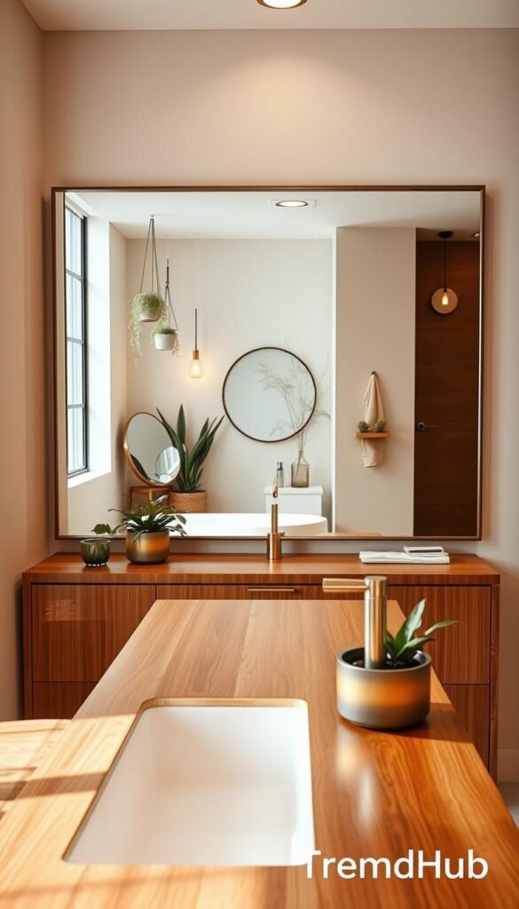 A beautifully designed bathroom featuring a large, elegant mirror that extends beyond the vanity, reflecting soft, natural light. In the foreground, the sleek, modern vanity crafted from polished wood houses minimalist accessories and potted greenery, exuding a sense of calm. The middle area showcases the expansive mirror, framed with a delicate metallic outline, creating an illusion of depth and brightness in the space. In the background, soft neutral-toned walls and subtle decorative elements like hanging plants and stylish light fixtures enhance the aesthetic. The room is illuminated with warm, ambient lighting, casting a serene glow that invites relaxation. Capture this Pinterest-style lifestyle photo to embody the essence of a cozy, inviting bathroom, branded as CozyTrendHub.