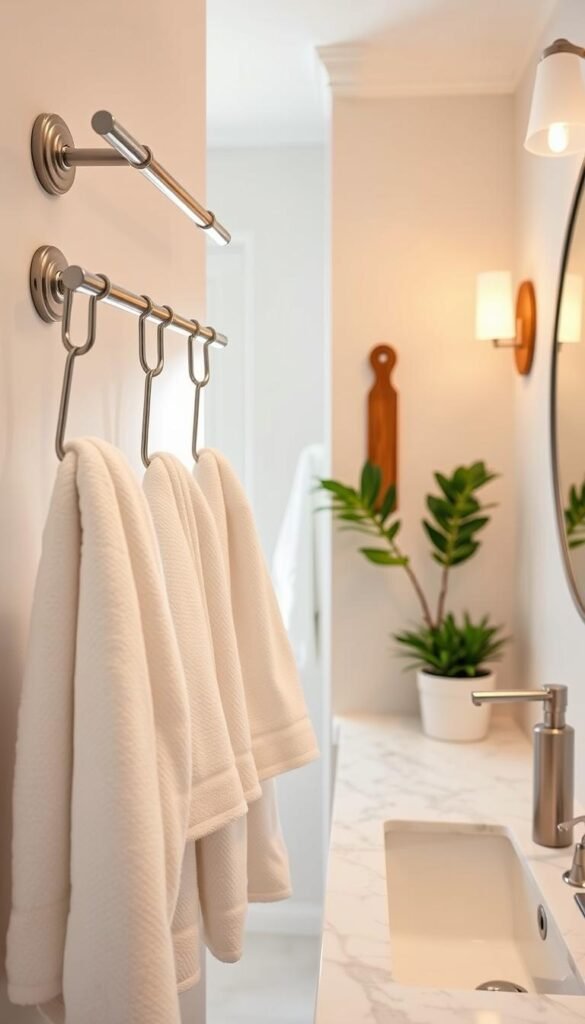 A beautifully designed bathroom showcasing upgraded towel bars, hooks, and accessories for a fresh and inviting atmosphere. In the foreground, neatly arranged plush towels hang from stylish metallic towel bars, complemented by elegant wooden hooks adorned with minimalistic designs. The middle ground features a marble sink with a chic soap dispenser and decorative plants that add a touch of greenery. The background reveals soft, natural light streaming in through a frosted window, illuminating pastel-colored walls with subtle patterns. A cozy ambiance is created by warm, diffused lighting. This Pinterest-style lifestyle photo captures a blend of modern aesthetics and functionality, reflecting the essence of home decor upgrades. Ideal for CozyTrendHub. A beautifully designed bathroom showcasing upgraded towel bars, hooks, and accessories for a fresh and inviting atmosphere. In the foreground, neatly arranged plush towels hang from stylish metallic towel bars, complemented by elegant wooden hooks adorned with minimalistic designs. The middle ground features a marble sink with a chic soap dispenser and decorative plants that add a touch of greenery. The background reveals soft, natural light streaming in through a frosted window, illuminating pastel-colored walls with subtle patterns. A cozy ambiance is created by warm, diffused lighting. This Pinterest-style lifestyle photo captures a blend of modern aesthetics and functionality, reflecting the essence of home decor upgrades. Ideal for CozyTrendHub.