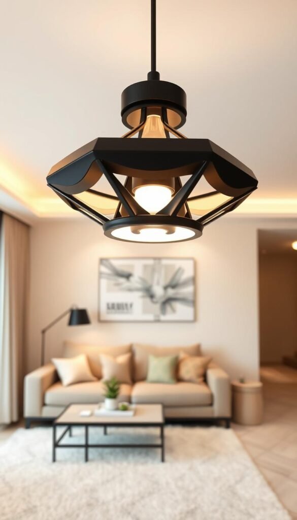 A beautifully designed ceiling light in a modern living room setting, featuring a stylish pendant light with a matte black finish and warm, soft white LED glow. The foreground includes the elegant light fixture hanging at eye level, showcasing intricate details such as geometric shapes and a sleek cord. In the middle ground, a cozy living room d&eacute;cor with a plush sofa, decorative pillows, and a small coffee table is visible, accentuating the ambiance created by the ceiling light. The background shows soft pastel-colored walls and a piece of art, adding to the homey atmosphere. The lighting is soft, creating a warm, inviting feel, perfect for a relaxed living space. The image evokes a chic and comfortable vibe, suitable for CozyTrendHub's aesthetic.