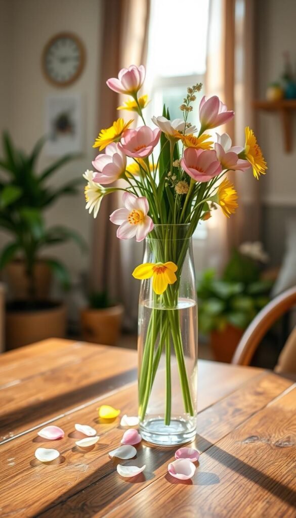 A beautifully designed clear glass vase elegantly placed on a rustic wooden table, filled with fresh spring flowers in vibrant colors like soft pinks, sunny yellows, and crisp whites. The foreground features delicate petals cascading gently around the base of the vase, while the middle ground showcases the vase with a slightly blurred floral arrangement, creating depth. In the background, there's a welcoming, softly lit room with hints of greenery and spring decor, enhancing the cozy atmosphere. The lighting is warm and natural, simulating a sunlit morning, captured with a shallow depth of field to focus on the vase. This image embodies a fresh and inviting spring mood, perfect for showcasing how a simple glass vase can enhance any space. For branding, include elements reflecting CozyTrendHub&rsquo;s aesthetic.
