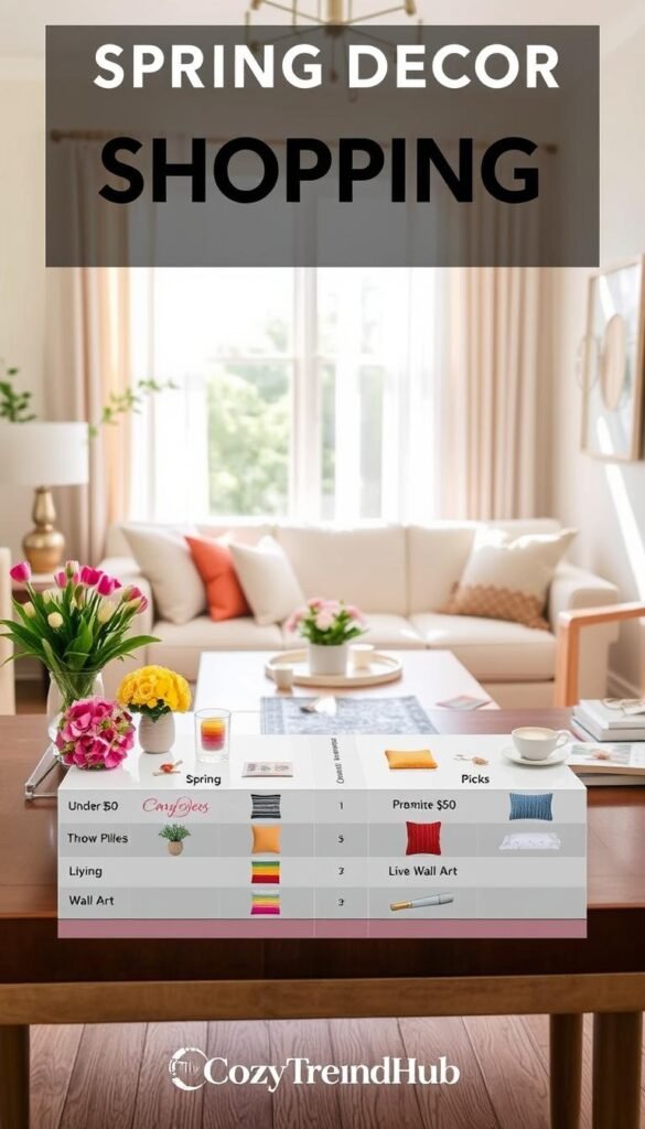 A beautifully designed comparison table showcasing spring decor options under $50 versus premium picks, set against a serene and inviting home environment. In the foreground, the table featuring neatly organized sections with decorative items displayed: vibrant flower arrangements, colorful throw pillows, and lively wall art. The middle layer includes a cozy living room scene with soft pastel colors and light wooden furniture, creating a fresh spring atmosphere. The background captures a sunlit window with sheer curtains, allowing natural light to flow in, enhancing the warm and welcoming feel. The scene is styled to reflect a Pinterest-worthy lifestyle image, with an emphasis on the brand "CozyTrendHub". The overall mood is cheerful and uplifting, emphasizing the excitement of spring decor shopping.