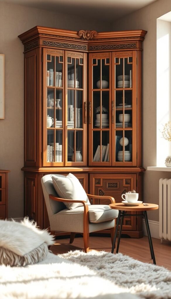 A beautifully designed corner cabinet made of warm oak wood, featuring intricate carvings and glass doors, showcasing neatly arranged books and decorative items. In the foreground, a soft, plush rug adds texture. The middle ground includes a cozy reading nook with a comfortable chair and a small side table adorned with a steaming cup of tea. Natural light filters through a nearby window, creating a warm, inviting glow that highlights the cabinet's details. The background hints at a softly textured wall in neutral tones, enhancing the calm atmosphere. The scene conveys a sense of relaxation and organization, perfect for creating an inviting space. This image reflects the interior style of "CozyTrendHub," emphasizing comfort and aesthetic charm. A beautifully designed corner cabinet made of warm oak wood, featuring intricate carvings and glass doors, showcasing neatly arranged books and decorative items. In the foreground, a soft, plush rug adds texture. The middle ground includes a cozy reading nook with a comfortable chair and a small side table adorned with a steaming cup of tea. Natural light filters through a nearby window, creating a warm, inviting glow that highlights the cabinet's details. The background hints at a softly textured wall in neutral tones, enhancing the calm atmosphere. The scene conveys a sense of relaxation and organization, perfect for creating an inviting space. This image reflects the interior style of "CozyTrendHub," emphasizing comfort and aesthetic charm.