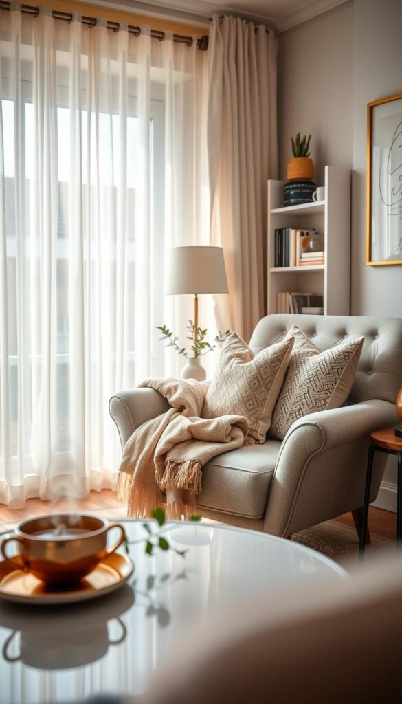A beautifully designed cozy corner in a small living space, featuring a plush armchair draped with a soft throw blanket and decorative pillows. In the foreground, a stylish coffee table holds a steaming cup of tea and a small potted plant, enhancing the warmth. In the middle ground, natural light filters through sheer curtains, illuminating a tastefully arranged bookshelf filled with books and decorative items. The background features calming wall art and soft, neutral colors that evoke a feeling of tranquility. The atmosphere is inviting and serene, perfect for relaxation. Shot with a shallow depth of field to focus on the cozy details, reminiscent of Pinterest-style lifestyle photography. Brand name: CozyTrendHub.