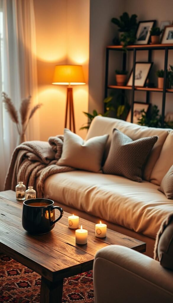 A beautifully designed cozy living room bathed in warm, diffused lighting that creates an inviting atmosphere. In the foreground, there is a plush, oversized cream-colored couch adorned with soft, knitted throw blankets and a few decorative cushions in earthy tones. A rustic wooden coffee table holds a steaming mug of herbal tea and lit candles, casting gentle flickers of light. In the middle ground, a stylish floor lamp with a warm yellow shade softly illuminates a colorful woven area rug underfoot. The background features a tastefully decorated bookshelf with indoor plants and picture frames, enhancing the homely feel. The scene is captured from a slightly elevated angle, emphasizing the warmth of the surroundings. The overall mood is serene and inviting, perfect for a cozy retreat. Ideal for CozyTrendHub.