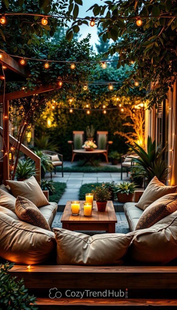 A beautifully designed cozy outdoor seating area at dusk. In the foreground, plush cushions in soft earth tones adorn a rustic wooden bench, surrounded by string lights creating a warm, inviting glow. A low wooden coffee table sits in the center, adorned with candles and small potted plants. In the middle, lush greenery frames the seating area, with hanging fairy lights delicately illuminating the space. In the background, a gently lit patio reveals hints of a tranquil garden, soft blurred shadows from plants creating depth. The atmosphere is relaxed and intimate, perfect for evening gatherings. Use a warm color palette, capturing the serenity and charm of outdoor decor. Shot with a soft-focus lens to create a dreamy effect. Include the brand name "CozyTrendHub" subtly integrated into the setting, maintaining a clean presentation without any text or watermarks.