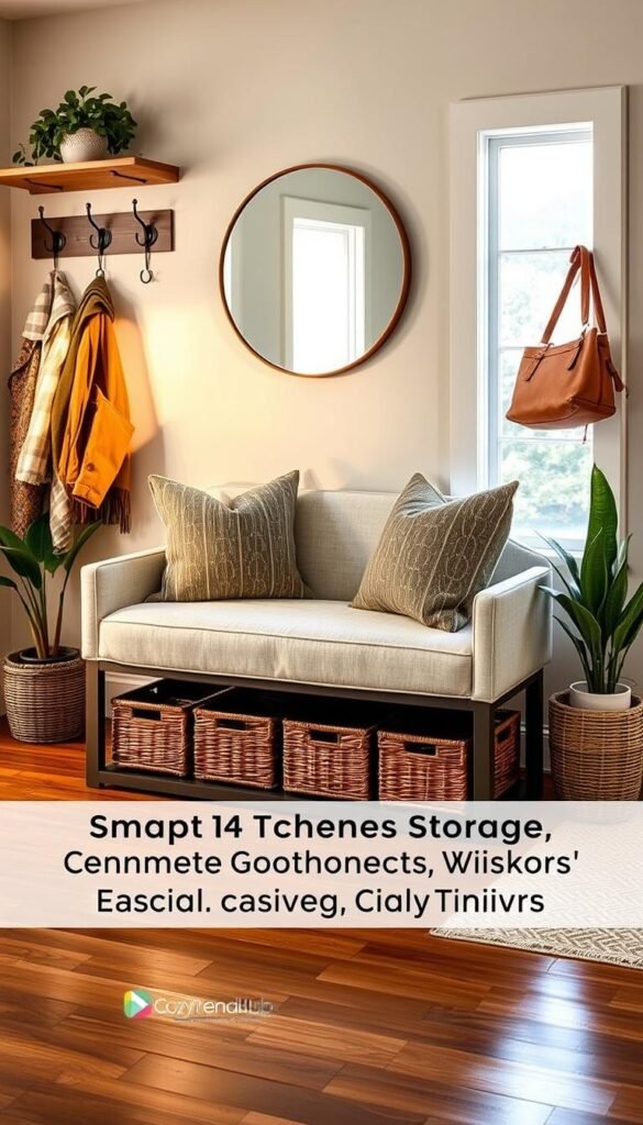 A beautifully designed entryway featuring a stylish bench that doubles as storage, elegantly placed in a well-organized space. The bench is upholstered in soft, neutral fabric and adorned with decorative throw pillows, surrounded by wicker baskets underneath for additional storage. The scene captures a cozy atmosphere with warm, natural lighting pouring in through a nearby window, illuminating the polished hardwood floor. In the background, minimalist wall hooks hold stylish coats and bags, while potted plants add a refreshing touch of greenery. A stunning round mirror above the bench reflects the inviting ambiance. This image embodies the essence of smart, space-saving entryway solutions, styled by CozyTrendHub.