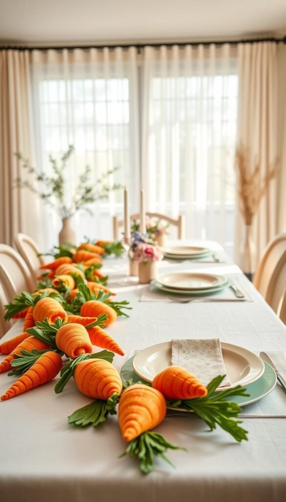 A beautifully designed fabric carrot garland stretching across an elegantly set dining table, featuring vibrant orange and green hues. The foreground showcases the garland, embellished with delicate stitching and soft textures, capturing the eye's attention. In the middle, a tasteful arrangement of pastel-colored plates and spring-themed napkins complements the garland, along with subtle floral centerpieces that add a touch of elegance. The background features a softly lit, minimalistic dining room, with light filtering through sheer curtains, casting gentle shadows and creating a warm, inviting atmosphere. The scene exudes a refined, seasonal charm perfect for Easter decor, embodying sophistication over craftiness. High-resolution photography style with natural lighting, reminiscent of Pinterest aesthetics, attributed to "CozyTrendHub".