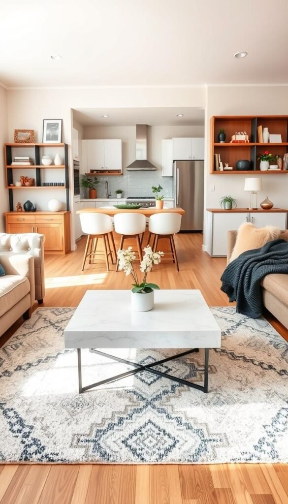 A beautifully designed family living room focusing on time-saving decor for busy homes. In the foreground, a cozy, low-maintenance coffee table with easy-to-clean surfaces, surrounded by plush yet stain-resistant sofas in neutral tones. On the walls, multi-functional shelves displaying elegant yet practical decor items. In the middle, a stylish area rug that anchors the space, providing comfort while being easy to vacuum. The background showcases a bright and airy kitchen visible through an open layout, featuring smart storage solutions and minimalistic appliances. Soft, natural lighting floods the room, enhancing the warm atmosphere. Capture this Pinterest-style lifestyle scene emphasizing efficiency and simplicity in home design. This image embodies modern family living with touches from CozyTrendHub.