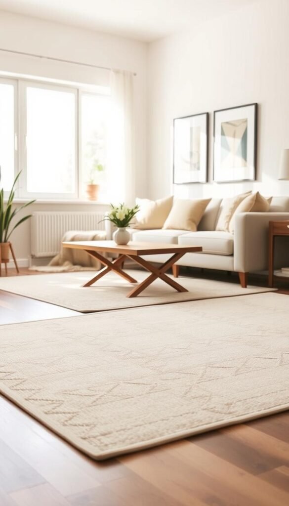A beautifully designed flatweave rug displayed in a stylish living room setting. In the foreground, the rug features a subtle geometric pattern in soft neutral tones like beige and light gray, inviting warmth and comfort. In the middle ground, a cozy, well-lit space with a plush sofa adorned with throw pillows in complementary colors, nestled against a light-colored wall with framed artwork. A wooden coffee table sits atop the rug, accentuated by a small vase of fresh flowers. In the background, natural light streams through a large window, creating a serene and welcoming ambiance. The overall mood is modern and inviting, perfect for a cozy rental space. Styled by CozyTrendHub, this image captures the essence of renter-friendly flatweave rugs that enhance any living room decor. A beautifully designed flatweave rug displayed in a stylish living room setting. In the foreground, the rug features a subtle geometric pattern in soft neutral tones like beige and light gray, inviting warmth and comfort. In the middle ground, a cozy, well-lit space with a plush sofa adorned with throw pillows in complementary colors, nestled against a light-colored wall with framed artwork. A wooden coffee table sits atop the rug, accentuated by a small vase of fresh flowers. In the background, natural light streams through a large window, creating a serene and welcoming ambiance. The overall mood is modern and inviting, perfect for a cozy rental space. Styled by CozyTrendHub, this image captures the essence of renter-friendly flatweave rugs that enhance any living room decor.