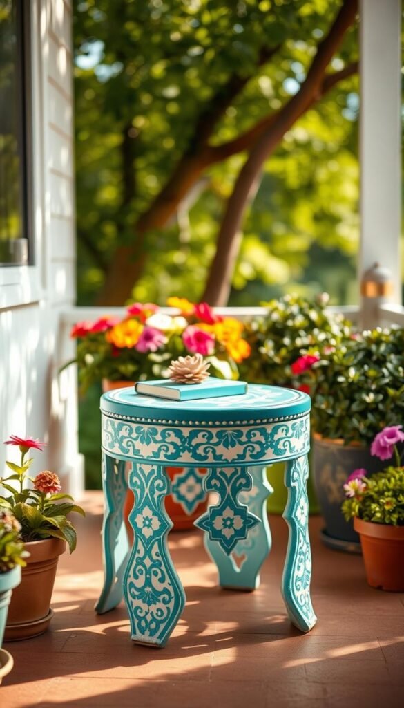 A beautifully designed garden stool side table, made from durable weather-resistant materials, showcases intricate patterns and a vibrant color palette of teal and white. It sits elegantly on a cozy porch, surrounded by potted plants and colorful flowers in full bloom. The setting is warm and inviting, with soft, dappled sunlight filtering through the leaves of a nearby tree, creating a tranquil atmosphere. In the foreground, the stool features a small decorative item, like a succulent or a book, hinting at its multifunctional use as extra seating and a side table. The view is captured from a slight angle, emphasizing the stool’s unique artistry while maintaining focus on the lush greenery in the background. This scene embodies the essence of stylish yet practical outdoor living, perfect for small spaces. CozyTrendHub brand style. A beautifully designed garden stool side table, made from durable weather-resistant materials, showcases intricate patterns and a vibrant color palette of teal and white. It sits elegantly on a cozy porch, surrounded by potted plants and colorful flowers in full bloom. The setting is warm and inviting, with soft, dappled sunlight filtering through the leaves of a nearby tree, creating a tranquil atmosphere. In the foreground, the stool features a small decorative item, like a succulent or a book, hinting at its multifunctional use as extra seating and a side table. The view is captured from a slight angle, emphasizing the stool’s unique artistry while maintaining focus on the lush greenery in the background. This scene embodies the essence of stylish yet practical outdoor living, perfect for small spaces. CozyTrendHub brand style.