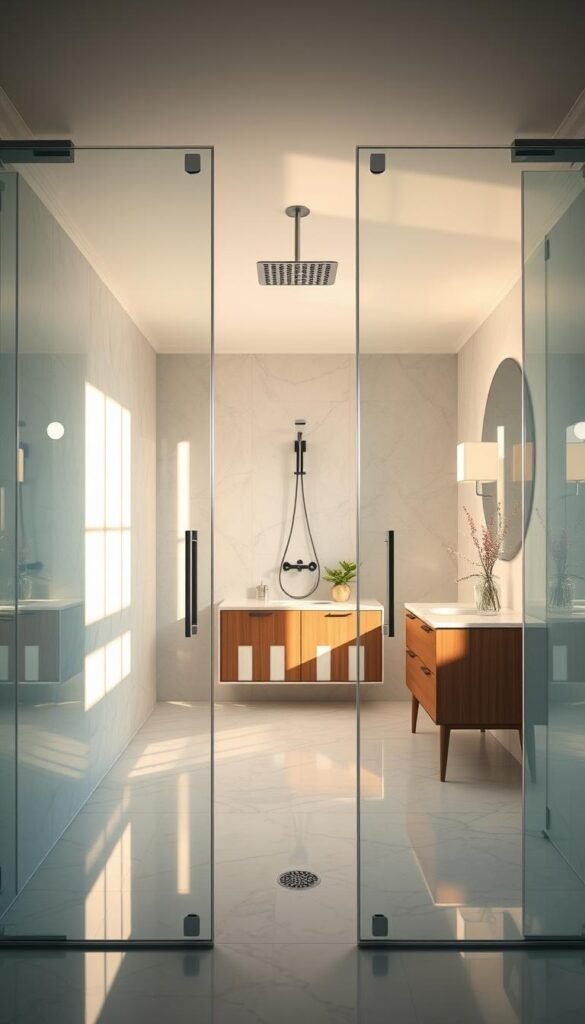 A beautifully designed glass shower area takes center stage in a modern bathroom. The foreground features sleek, frameless glass panels glistening in soft, natural light, showcasing the seamless transition between the shower space and the rest of the bathroom. In the middle, polished marble tiles reflect warm light, while a stylish rain showerhead hangs elegantly from the ceiling. In the background, a minimalist vanity with wooden accents and decorative plants adds a touch of warmth and serenity to the space. The overall atmosphere is tranquil and inviting, with a balanced composition highlighting the spaciousness that glass enhances. The scene exudes a sense of modern sophistication, perfect for a contemporary home. Image inspired by CozyTrendHub.