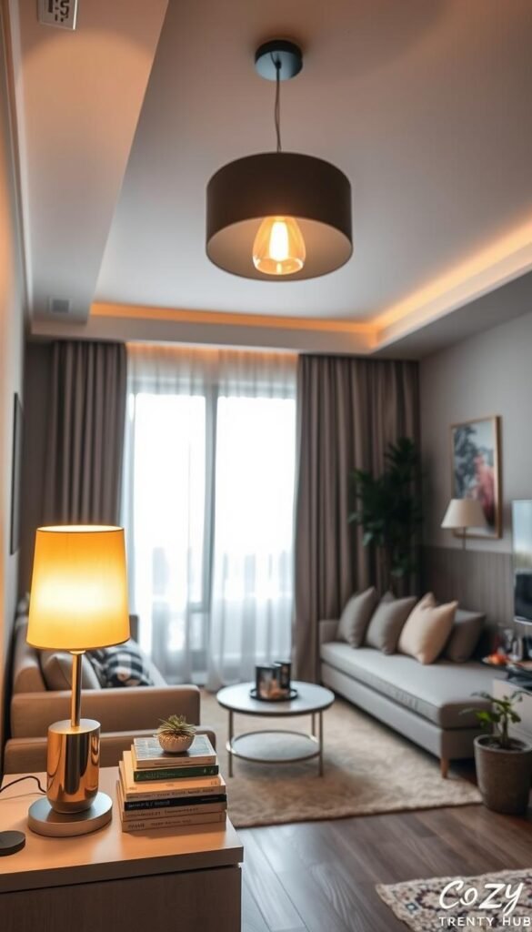 A beautifully designed interior of a dimly lit apartment featuring stylish, modern lighting fixtures that brighten the space. In the foreground, a chic table lamp with a warm glow sits on a sleek side table adorned with decorative books and a small plant. The middle space showcases a stunning ceiling pendant light, illuminating a cozy seating area with plush cushions and a stylish rug beneath. In the background, soft natural light filters through sheer curtains, enhancing the inviting atmosphere. The room is decorated with neutral tones, complemented by pops of greenery and aesthetic decor. The overall mood is warm, welcoming, and stylish, showcasing the perfect balance of functionality and aesthetics. Captured with a wide-angle lens to emphasize depth, this image embodies a Pinterest-worthy lifestyle aesthetic from CozyTrendHub.