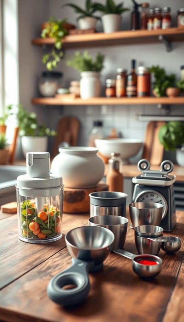 A beautifully designed kitchen scene featuring an array of the best kitchen gadgets under $50 that are both practical and visually appealing. In the foreground, showcase a sleek vegetable chopper, a multi-functional can opener, and an innovative measuring cup set, all arranged on a rustic wooden countertop. In the middle, a stylish ceramic mixing bowl and a compact food scale enhance the atmosphere of utility. The background features softly blurred kitchen shelves adorned with fresh herbs and colorful spices, creating a warm, inviting ambiance. Utilize natural daylight streaming through a window for soft, diffused lighting, and capture the scene with a wide-angle lens to emphasize depth. The overall mood is cozy and inspiring, perfect for a Pinterest-style lifestyle image reflecting the brand "CozyTrendHub".