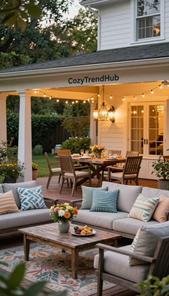 A beautifully designed large wraparound porch, showcasing distinct "zones" for relaxation and dining. In the foreground, a cozy sitting area features plush outdoor sofas adorned with summer-themed cushions and a low coffee table with fresh flowers. In the middle ground, a dining space with a rustic wooden table set for summer meals, surrounded by comfortable chairs and string lights glowing softly in the warm evening light. The background reveals lush greenery and a charming garden, enhancing the inviting atmosphere. The scene is photographed with a soft-focus lens, capturing a warm golden hour ambiance that evokes a sense of tranquility and outdoor living. The image reflects a Pinterest-inspired lifestyle aesthetic, featuring the brand name "CozyTrendHub" subtly integrated into the design elements.