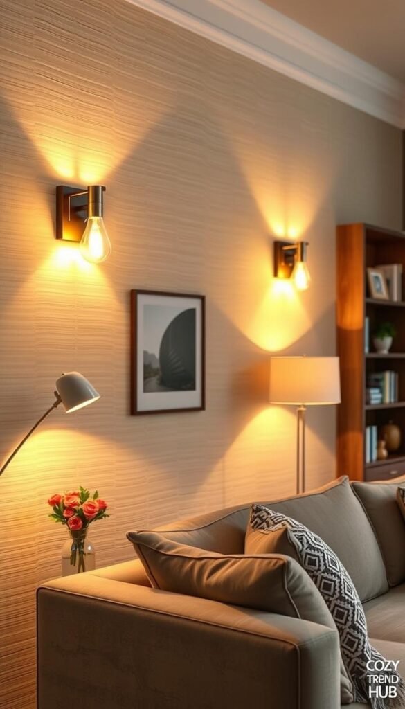 A beautifully designed living room featuring elegant plug-in wall sconces that exude a designer look without the need for hardwiring. In the foreground, there are two modern sconces with warm, soft LED bulbs casting a gentle glow on the wall, illuminating textured wallpaper in a soothing color palette. In the middle ground, a stylish couch adorned with plush cushions and a patterned throw complements the sconces, while a sleek side table holds a decorative vase with fresh flowers. The background reveals a tastefully arranged bookshelf filled with curated decor items in a cozy, inviting atmosphere. The lighting is warm and ambient, evoking a feeling of comfort and relaxation, captured with a soft focus lens to highlight the tranquil feel of a well-designed space. Perfect for a Pinterest-style lifestyle photo by CozyTrendHub.