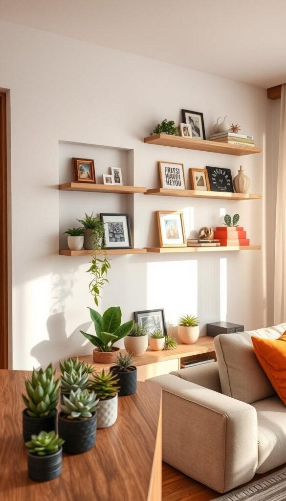 A beautifully designed living room featuring modern wall shelves, showcasing a variety of decorative items like plants, books, and personal mementos. In the foreground, a sleek wooden shelf with neatly arranged potted succulents and a few art pieces. The middle ground shows a series of minimalist floating shelves in a light-colored wall, adorned with vibrant photo frames and stylish storage boxes. The background reveals soft, natural light streaming through a nearby window, casting gentle shadows and creating a warm, inviting atmosphere. The lens captures a slightly angled view, emphasizing the vertical space maximization of the shelves. The scene embodies a practical yet aesthetically pleasing storage solution for small spaces, reflecting the CozyTrendHub home decor style. A beautifully designed living room featuring modern wall shelves, showcasing a variety of decorative items like plants, books, and personal mementos. In the foreground, a sleek wooden shelf with neatly arranged potted succulents and a few art pieces. The middle ground shows a series of minimalist floating shelves in a light-colored wall, adorned with vibrant photo frames and stylish storage boxes. The background reveals soft, natural light streaming through a nearby window, casting gentle shadows and creating a warm, inviting atmosphere. The lens captures a slightly angled view, emphasizing the vertical space maximization of the shelves. The scene embodies a practical yet aesthetically pleasing storage solution for small spaces, reflecting the CozyTrendHub home decor style.