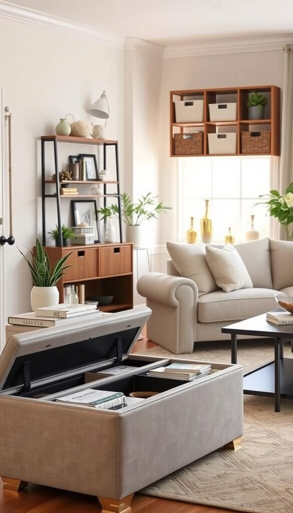 A beautifully designed living room featuring multipurpose storage furniture that emphasizes organization and style. In the foreground, a stylish storage ottoman with hidden compartments sits alongside a chic console table, adorned with decorative plants and books, inviting a clutter-free aesthetic. The middle ground showcases a wall-mounted shelving unit filled with both decorative items and practical storage bins. In the background, a sunlit window allows for warm, gentle lighting that highlights the rich textures of the furniture. The room has a fresh spring vibe, with soft pastel colors and natural materials creating a cozy yet modern atmosphere. Capture this scene in a Pinterest-style lifestyle photo that reflects the essence of CozyTrendHub.