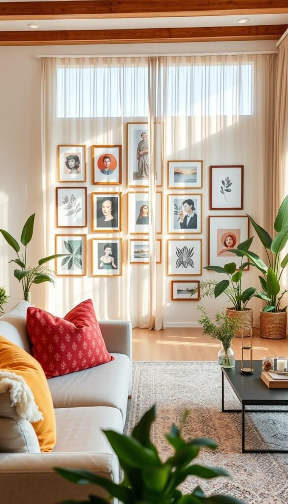 A beautifully designed living room showcasing a harmonious blend of comfort and style, perfect for illustrating the concept of artful home decor upgrades. In the foreground, a cozy sofa in neutral tones is adorned with vibrant throw pillows, while a tastefully arranged coffee table holds decorative accents such as candles and a stylish vase. In the middle ground, an inviting gallery wall features an array of framed artwork in diverse styles, creating visual interest and illustrating the theme of changing vibes through art. The background includes a large window draped with light, airy curtains allowing soft natural light to flood the space, enhancing the warm atmosphere. The room is styled with potted plants adding a touch of greenery, all captured in a soft-focused lens with a warm color palette, promoting a homey and inviting feel. Designed for CozyTrendHub aesthetic. A beautifully designed living room showcasing a harmonious blend of comfort and style, perfect for illustrating the concept of artful home decor upgrades. In the foreground, a cozy sofa in neutral tones is adorned with vibrant throw pillows, while a tastefully arranged coffee table holds decorative accents such as candles and a stylish vase. In the middle ground, an inviting gallery wall features an array of framed artwork in diverse styles, creating visual interest and illustrating the theme of changing vibes through art. The background includes a large window draped with light, airy curtains allowing soft natural light to flood the space, enhancing the warm atmosphere. The room is styled with potted plants adding a touch of greenery, all captured in a soft-focused lens with a warm color palette, promoting a homey and inviting feel. Designed for CozyTrendHub aesthetic.