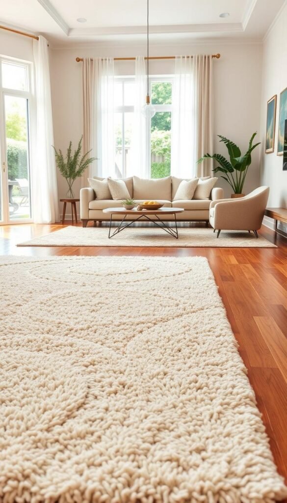 A beautifully designed living room showcasing a variety of area rugs that define the space, emphasizing the softness and texture ideal for home decor. In the foreground, a plush, patterned area rug in warm beige tones lies across a polished hardwood floor, with delicate textures visible. The middle ground features a cozy seating arrangement of modern, neutral-colored furniture with soft cushions, strategically placed on the rug. In the background, a light-filled window adorned with sheer curtains offers a glimpse of an outdoor garden, enhancing the theme of warmth and comfort. The overall atmosphere is inviting and tranquil, captured in soft, natural lighting. The composition is styled as a realistic lifestyle photo fitting for Pinterest, branded as "CozyTrendHub".