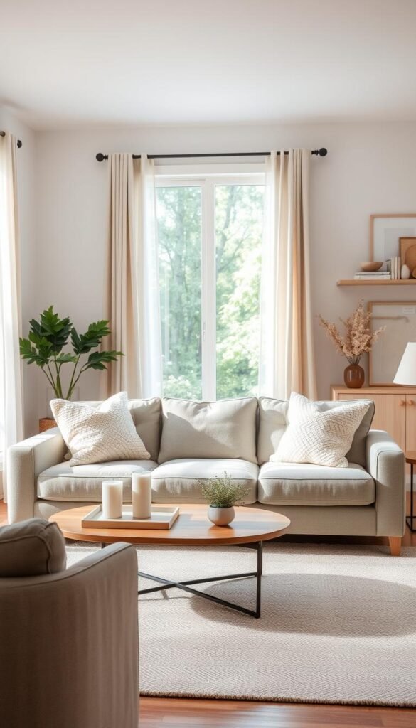 A beautifully designed living room showcasing calm room upgrades, focusing on natural elements and soothing colors. In the foreground, a cozy, neutral-toned sofa adorned with textured throw pillows sits invitingly. A soft area rug beneath adds warmth while a stylish coffee table holds minimalist decorative items like candles and a small plant. In the middle, a large window floods the space with soft, natural light, revealing sheer curtains and a view of serene greenery outside. The background features light, neutral walls adorned with subtle art, and a well-placed shelf displaying books and calming accents. The atmosphere is tranquil and welcoming, evoking a sense of peaceful living. The styling reflects a Pinterest-worthy aesthetic, aligning with CozyTrendHub's emphasis on realistic home decor inspirations.