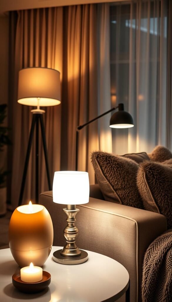 A beautifully designed living room showcasing layered lighting elements for a warm and inviting atmosphere. In the foreground, a stylish side table features a delicate ceramic table lamp with a soft glow and an elegant candle illuminated by flickering light. The middle ground reveals a comfortable sofa adorned with plush throw pillows, next to a chic floor lamp casting a warm halo over the scene. The background presents large windows draped with sheer curtains, allowing natural light to filter through, enhancing the overall coziness. The ambience is enriched with soft, ambient lighting that evokes a serene and inviting mood. Capture this Pinterest-style lifestyle decor scene for CozyTrendHub, emphasizing the harmonious blend of lighting in a stylish home setting. A beautifully designed living room showcasing layered lighting elements for a warm and inviting atmosphere. In the foreground, a stylish side table features a delicate ceramic table lamp with a soft glow and an elegant candle illuminated by flickering light. The middle ground reveals a comfortable sofa adorned with plush throw pillows, next to a chic floor lamp casting a warm halo over the scene. The background presents large windows draped with sheer curtains, allowing natural light to filter through, enhancing the overall coziness. The ambience is enriched with soft, ambient lighting that evokes a serene and inviting mood. Capture this Pinterest-style lifestyle decor scene for CozyTrendHub, emphasizing the harmonious blend of lighting in a stylish home setting.